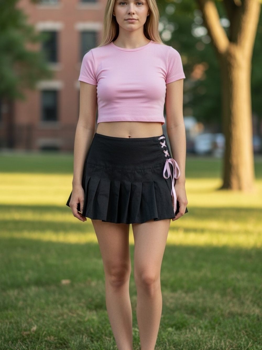 New Sugar Thrillz Black Pleated Mini Skirt with Pink Lace-Up Side Size Med